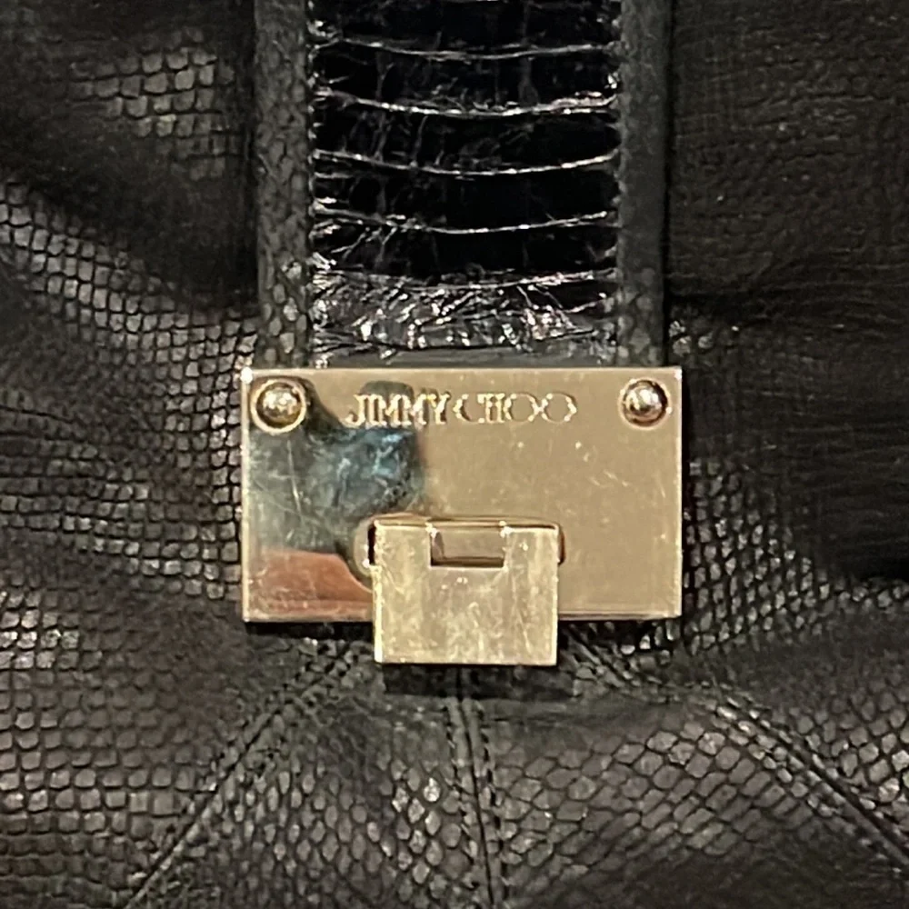 Jimmy Choo Snakeskin Embossed Calfskin Rahmyn Black Shoulder Bag
